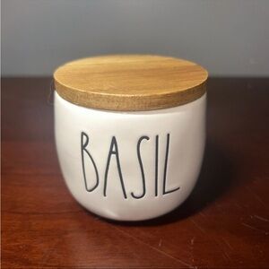 Rae Dunn White Ceramic Basil Canister with Wooden Lid
